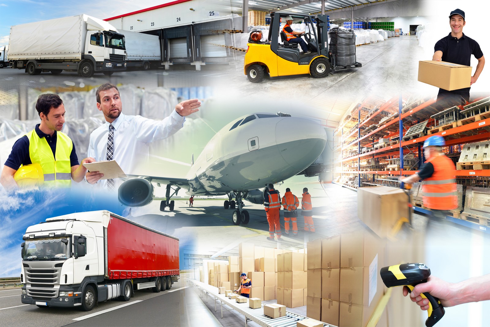 Logistik - Arbeiter im Handel - Gabelstapler, LKW, flugzeug, Manager, Depots als Collage